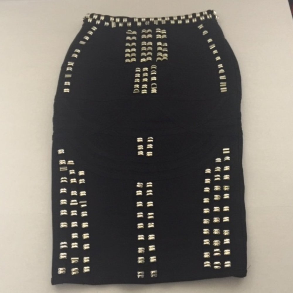 High Waisted Bandage Studded Black Midi Pencil Skirt (Size: L)